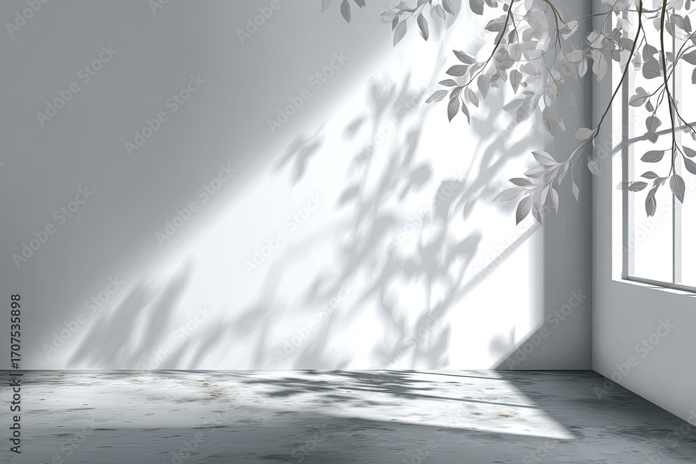 Obraz premium White Room with Leaf Shadows and Sunlight