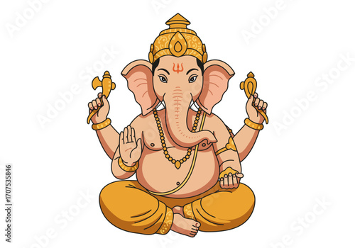 Ganesha a Hindu deity with an elephant head holds symbols and sits in a meditative pose