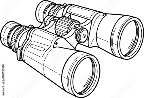 Binoculars line art illustration, black and white optical device vector, detailed sketch for outdoor, birdwatching, exploration, and adventure design