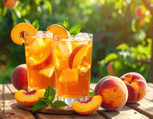 Two glasses of refreshing iced peach tea, garnished with mint and peach slices, sit on a wooden table outdoors under sunny daylight.