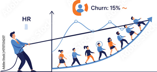 HR manager dragging employee cohort on retention curve with churn prediction badge Illustration