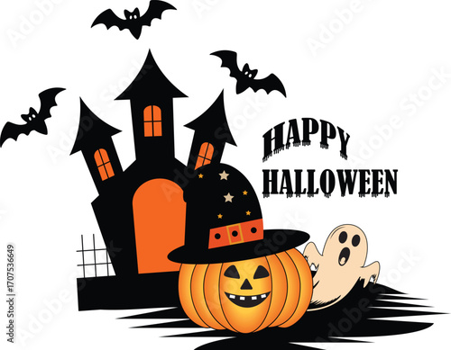 Flat Halloween Illustration With Haunted House, Pumpkin Jack O'Lantern, Ghost And Flying Bats. Happy Halloween Vector Design.
