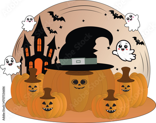 Flat Halloween Illustration With Haunted House,Pumpkin,Ghost And Flying Bats. Happy Halloween Vector Design.