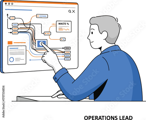 Operations lead viewing Sankey flow diagram and reducing material waste node Illustration
