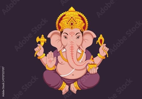 Ganesha seated with implements adorned with jewelry  crown