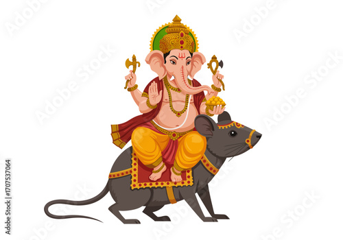 Ganesha sits atop a rat holding axes and wearing an ornate crown and jewelry against a white background