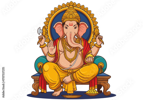 Ganesha sits crosslegged on a throne holding tools against a gold nimbus