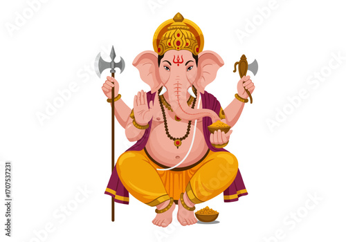 Ganesha sits crosslegged holding axe bowl  staff