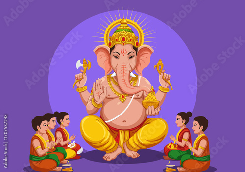 Ganesha sits crosslegged surrounded by people