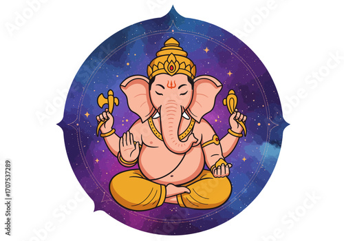 Ganesha sits crosslegged in a cosmic circle holding axe  mirror