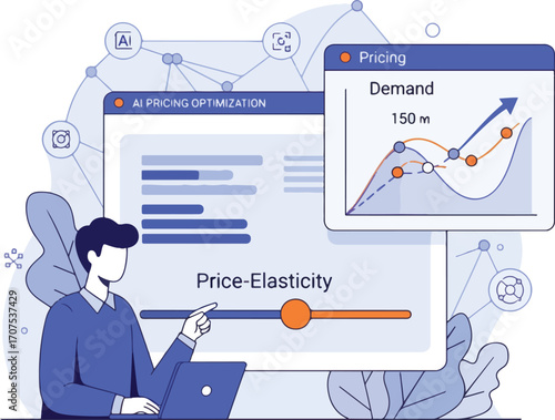Pricing analyst adjusting price elasticity slider to see demand curve changes Illustration
