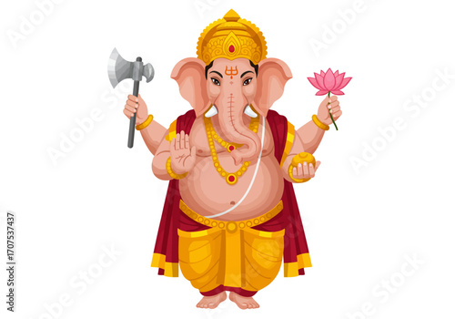 Ganesha stands adorned with axe lotus  jewelry regal  poised
