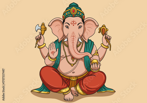 Ganesha the Hindu deity sits crosslegged wearing jewelry and holding objects against a tan background