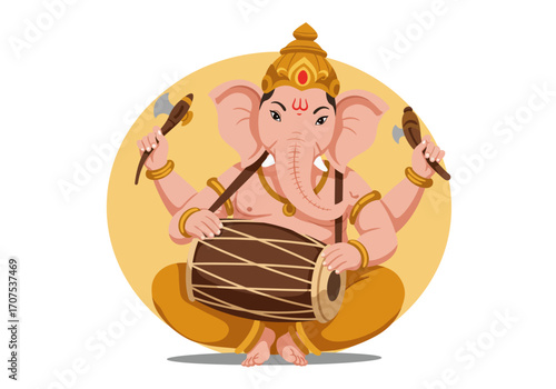 Ganesha with axe and drum seated crosslegged against a yellow circle backdrop