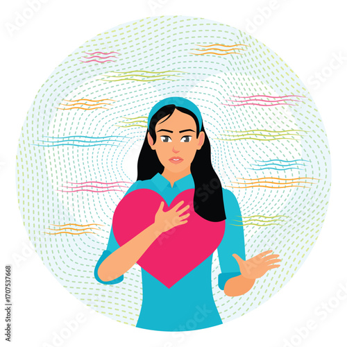 Feeling self love concept. Woman puts hand with love on her chest.