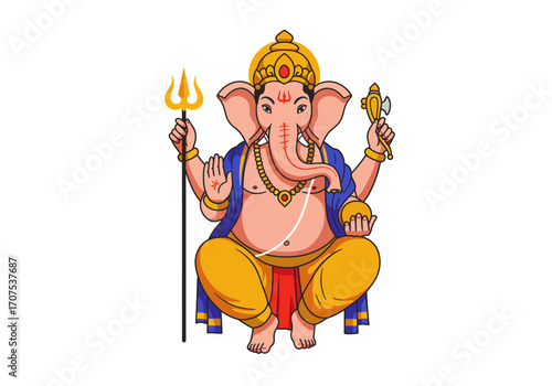 Seated Hindu deity Ganesha holds trident  axe wearing golden crown  jewelry against a white background