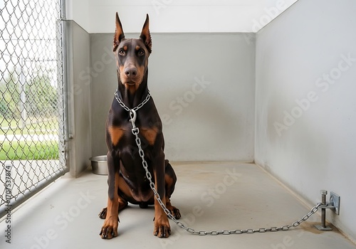 Alert doberman pinscher, sits while secured in an austere indoor space