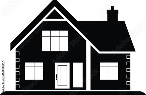 Black and white house silhouette with chimney, multiple windows, front door, and detailed roof design, real estate icon, residential building concept, architectural illustration.