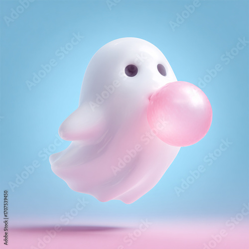 Cute cartoon ghost cheerfully blowing a pink bubblegum bubble, playful halloween concept, pastel colors.