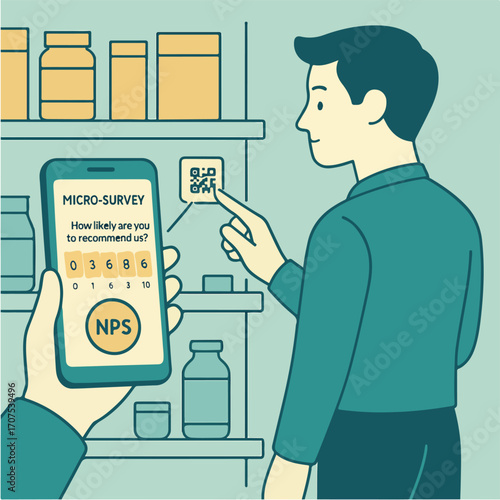 Retail analyst scanning shelf QR code returning customer survey and NPS chip Illustration