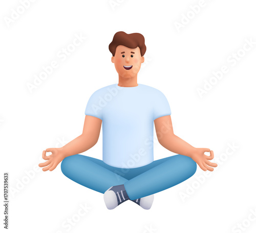 Relaxed man James meditating, sitting in yoga lotus position and wise gesturing. Zen, harmony, yoga, meditation, relax, healthy lifestyle concept. 3d vector people character. Cartoon minimal style.