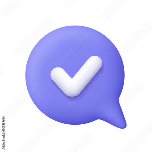 Purple speech bubble with a white check mark. Done, yes or correct sign. Approvement, confirmation, completed task, validation and quality assurance concept. 3d vector icon. Cartoon minimal style.