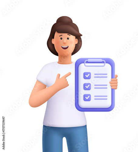 Young smiling woman Jane holding a clipboard with a checklist and pointing at it. To do list, deadline, planning, organization, project management and productivity concept. 3d vector people character.