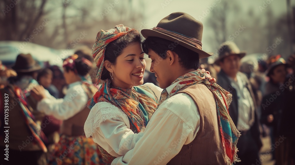 Obraz premium Couple dancing Chilean cueca in traditional costume