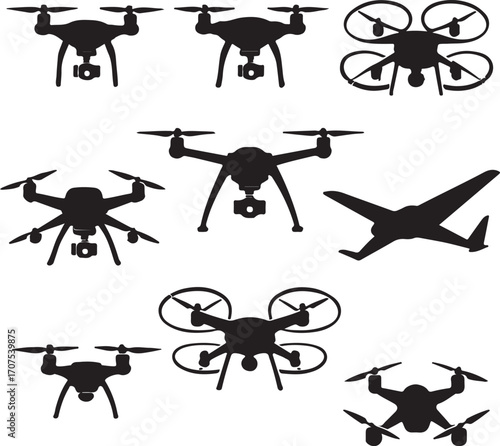 Collection of black drone and airplane silhouettes