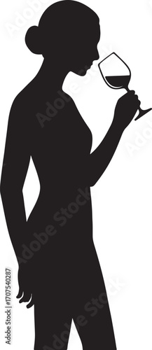 Silhouette of woman smelling red wine in glass female