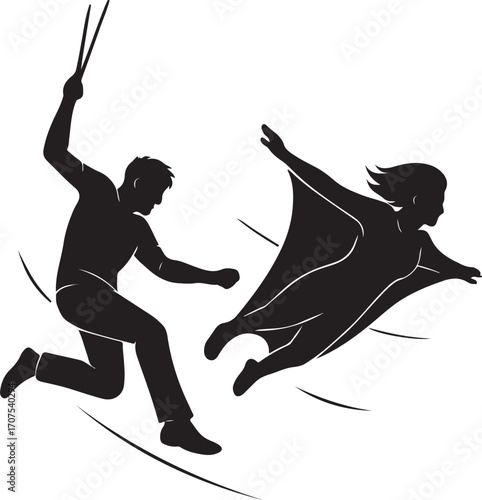 Man with chopsticks chases wingsuit flyer silhouette