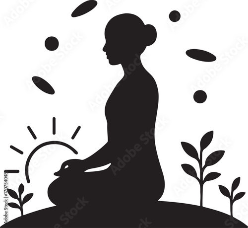 Black silhouette of woman meditating with plants and sunburst