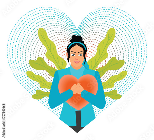Feeling Self Love Concept. Smiling Woman Embracing a Heart Symbol with Natural Background.