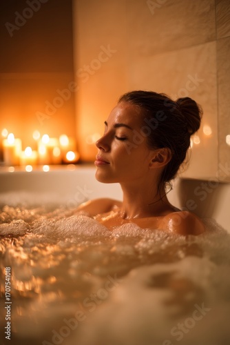 A warm bubble bath with scented candles. An employee is soaking quietly. The mood feels luxurious and calming, Generative AI 