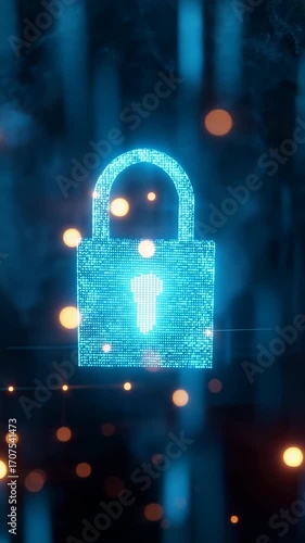 A blue and orange image of a lock with a key. The lock is surrounded by a glowing background