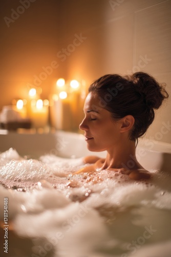 A warm bubble bath with scented candles. An employee is soaking quietly. The mood feels luxurious and calming, Generative AI 