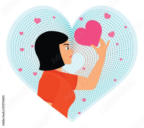 Feeling Self Love Concept. Woman Holding a Heart Symbol on a Vibrant Background.