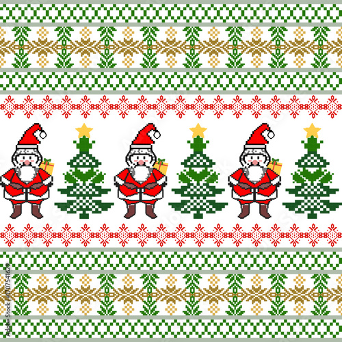 Cross-stitch seamless pattern with Santa Claus and a Christmas tree. Vector illustration. Design for wallpaper, gift wrapping, textiles, rugs, and invitation cards.