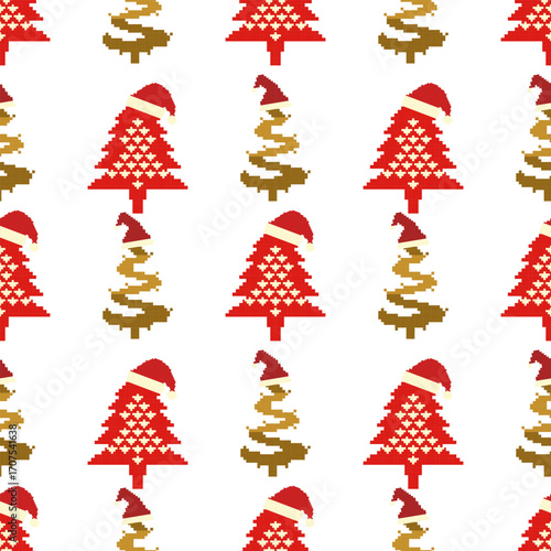 Pixel seamless pattern with red and gold Christmas trees on a white background. Cross-stitch Christmas-themed design for wallpaper, gift wrapping, textiles, rugs, and invitation cards.