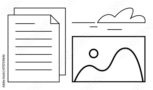 Text document, image with hills and sun, and cloud with lines. Ideal for creativity, media, workflow, blogging, storytelling visual communication and documentation. Simple flat metaphor