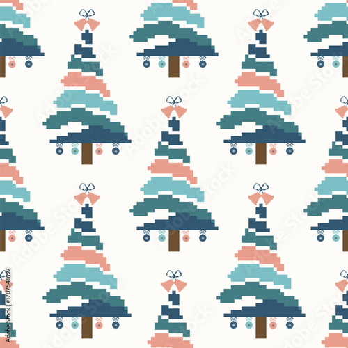 Pixel seamless pattern with blue and red Christmas trees on a white background. Cross-stitch Christmas-themed design for wallpaper, gift wrapping, textiles, rugs, and invitation cards.