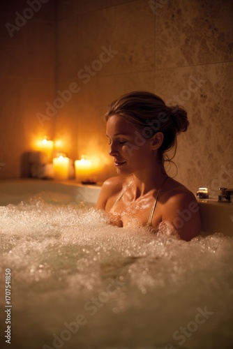 A warm bubble bath with scented candles. An employee is soaking quietly. The mood feels luxurious and calming, Generative AI 