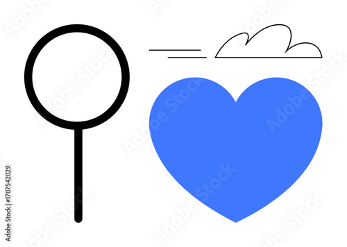 Magnifying glass beside a blue heart with a minimal cloud, suggesting discovering emotions, relationships, and compassion. Ideal for love, care, exploration, mindfulness, self-discovery emotional