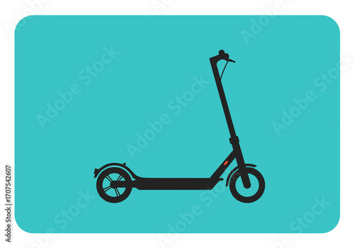 A black electric scooter is set against a turquoise backdrop presenting a simplified modern design