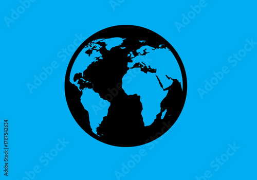 A black globe centered on a light blue background displaying blue continents