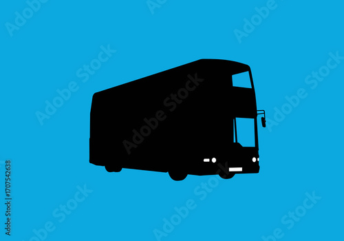 A black doubledecker bus silhouette is set against a bright blue background