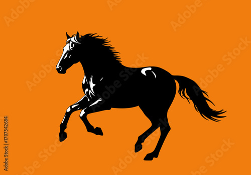 A black horse prancing on an orange background displaying a crescent moon marking