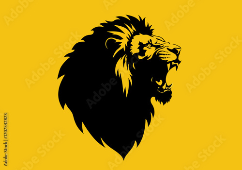 A black lions head roaring set against a yellow background