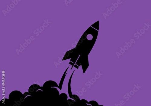 A black rocket blasting off leaving black smoke against a purple backdrop