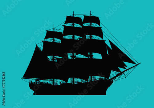 A black sailing ship with multiple masts and sails stands out against a turquoise background